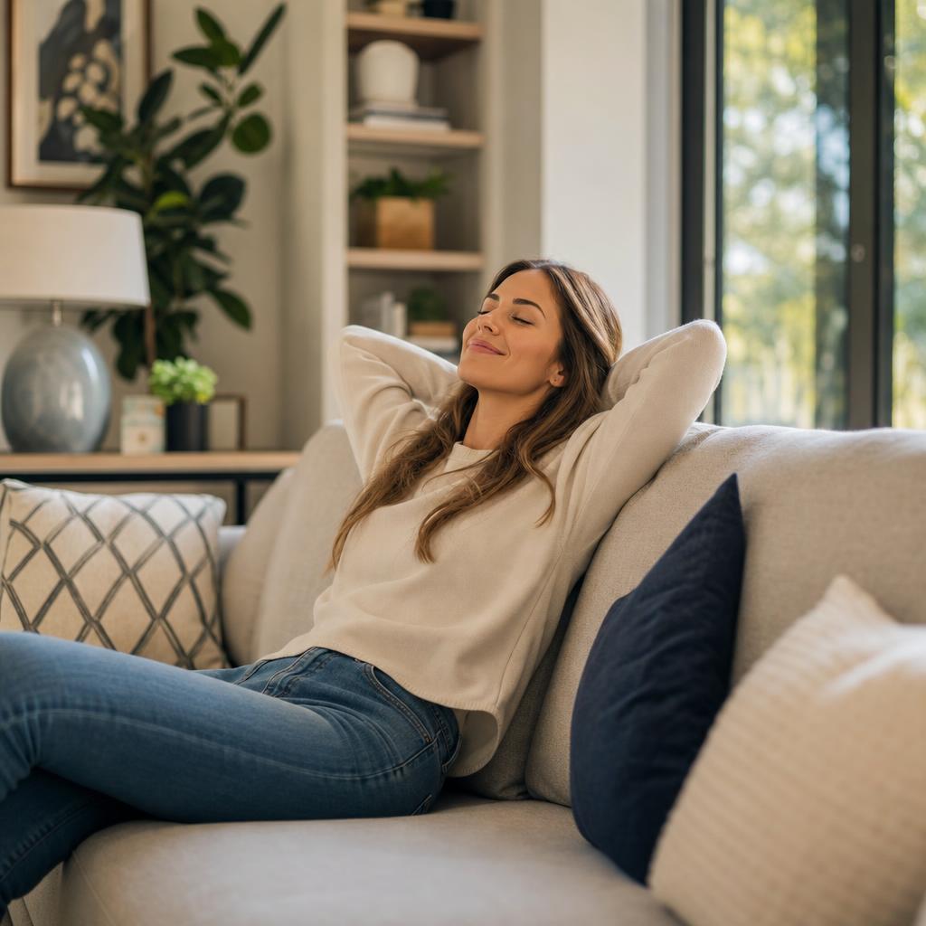 Person relaxing peacefully at home on a sofa, worry-free